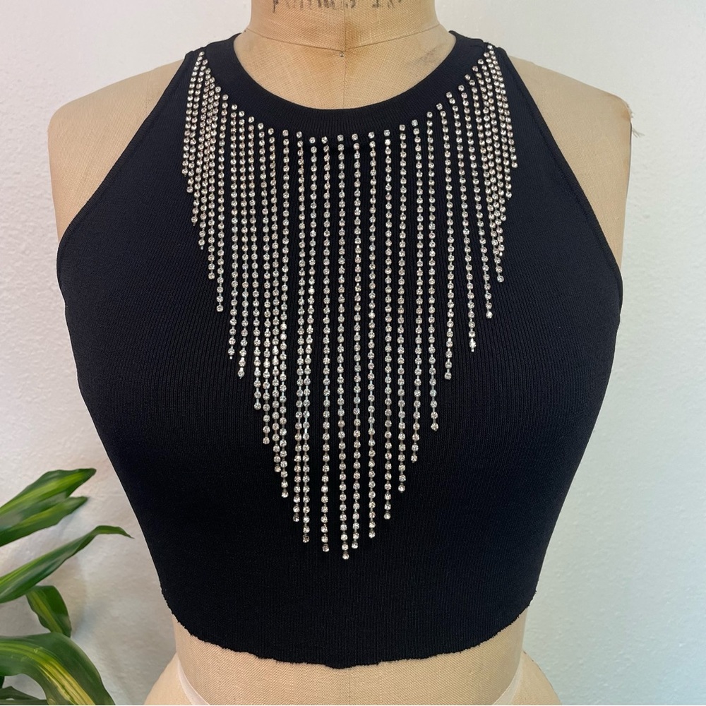 🤠Black Cropped Top w/ Rhinestone Detail from International Concepts Size XS 🤠